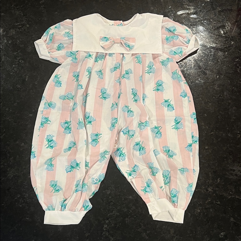 Vintage Pink and White Striped Baby Romper with blue flowers. 12M